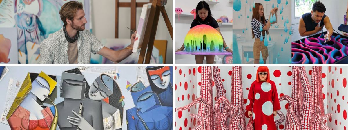 Collage of contemporary artists creating modern artwork, immersive installations, abstract paintings, and mixed media art in creative studio spaces.