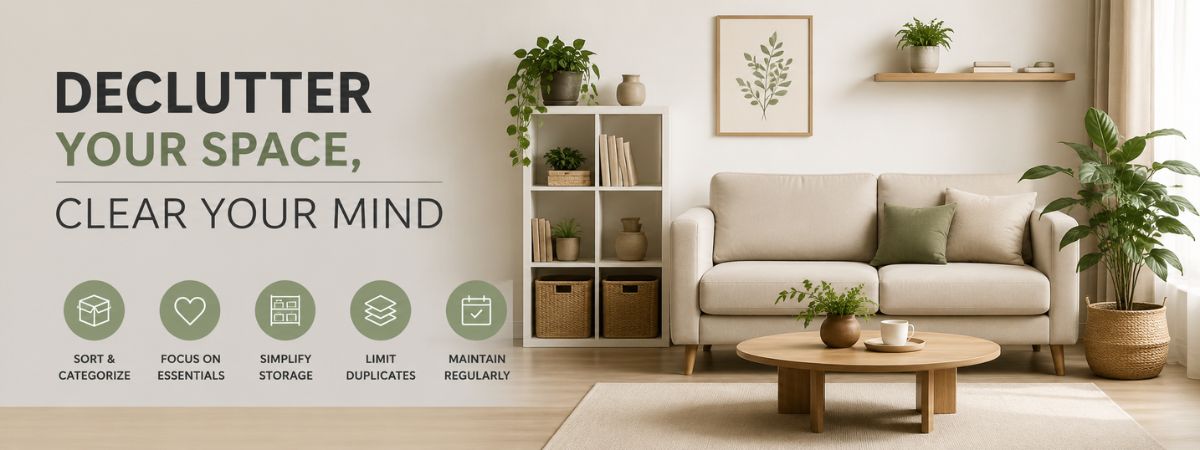 Minimalist living room with organized storage, indoor plants, and a clutter-free interior promoting decluttering and a calm, stress-free lifestyle.