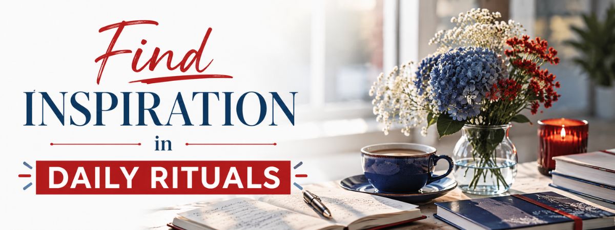 Find Inspiration in Daily Rituals banner featuring a cozy desk with a coffee cup, flowers, books, and a notebook in warm natural light.
