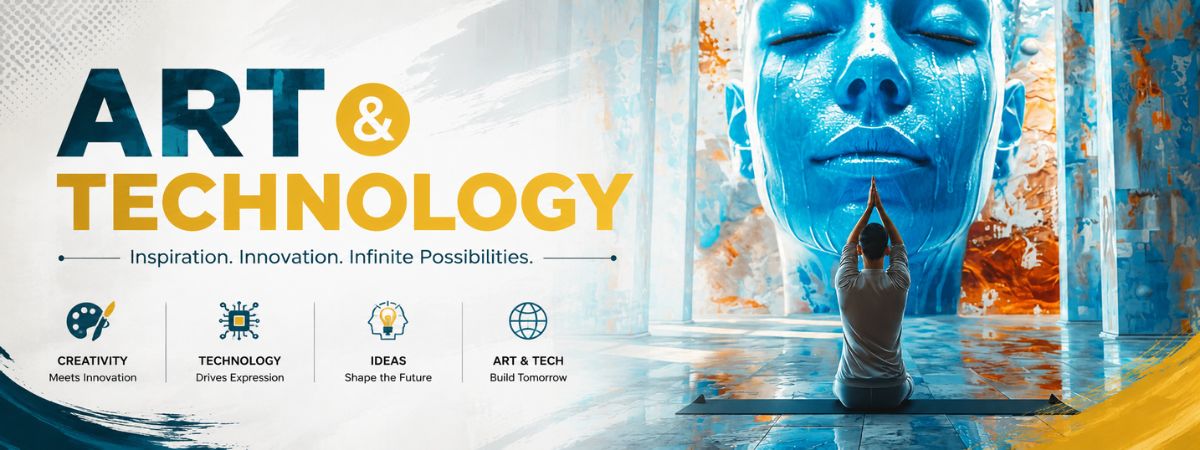 Art and Technology featured image with futuristic digital artwork, a meditating figure, bold modern typography, and a blue AI-inspired visual representing creativity and innovation.