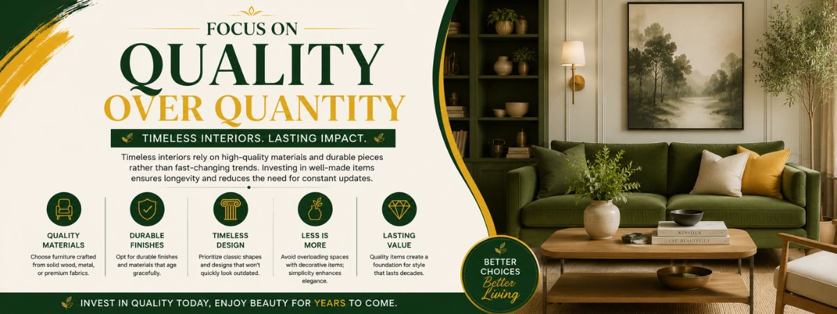 Focus on Quality Over Quantity featured image with elegant green and yellow typography beside a modern living room showcasing premium furniture, natural décor, and timeless interior design.
