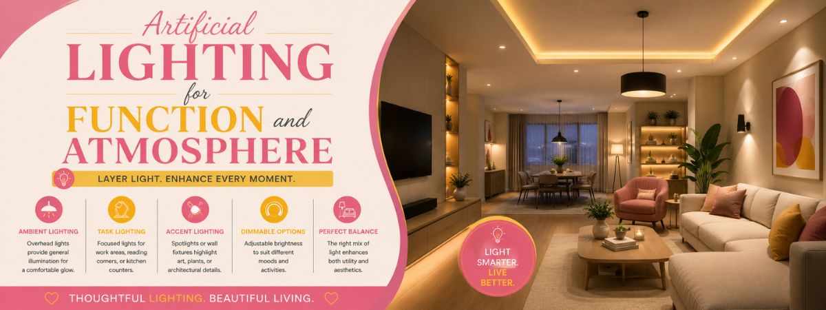 Modern living room showcasing layered artificial lighting with ambient ceiling lights, task lighting, accent shelf lights, and dimmable warm lighting for a cozy and functional interior.