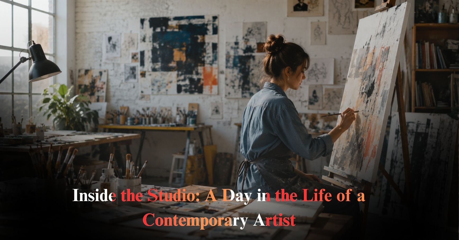Contemporary artist painting on a large canvas inside a modern art studio filled with creative tools, sketches, and natural light.