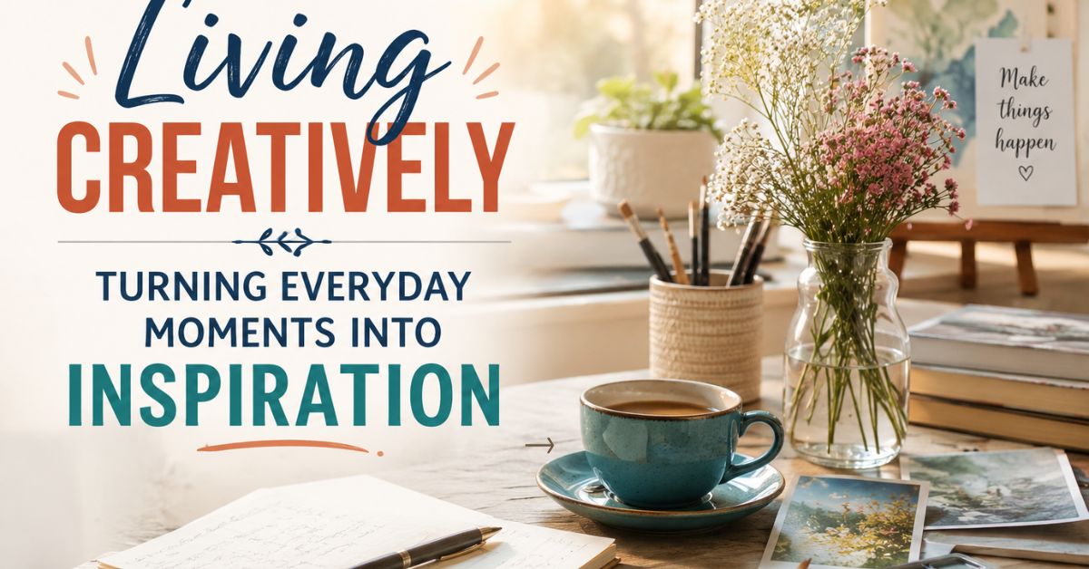 Creative workspace with a notebook, coffee cup, watercolor paints, fresh flowers, and inspiring décor representing everyday creativity and artistic inspiration.