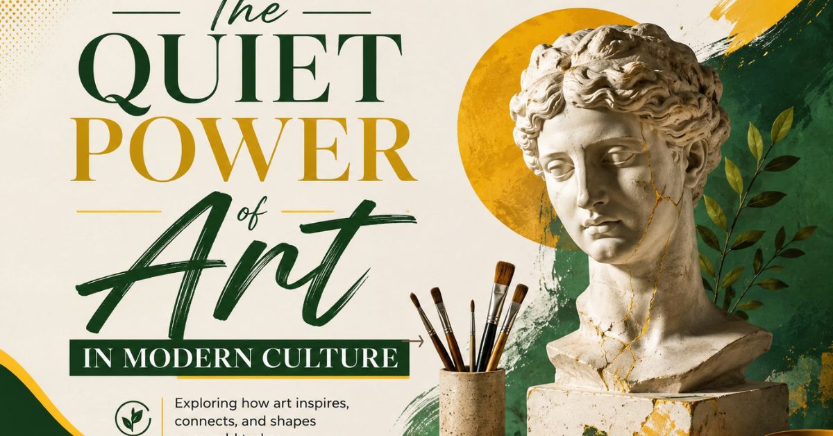The Quiet Power of Art in Modern Culture featured image with elegant green and yellow typography, classical sculpture, paintbrushes, and artistic elements symbolizing creativity and cultural influence.