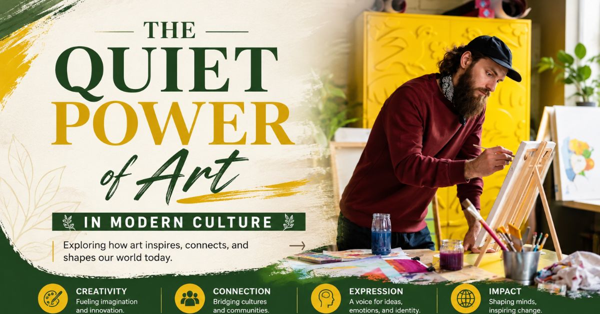 The Quiet Power of Art in Modern Culture featured image showing an artist painting in a creative studio with professional green and yellow typography and modern design.