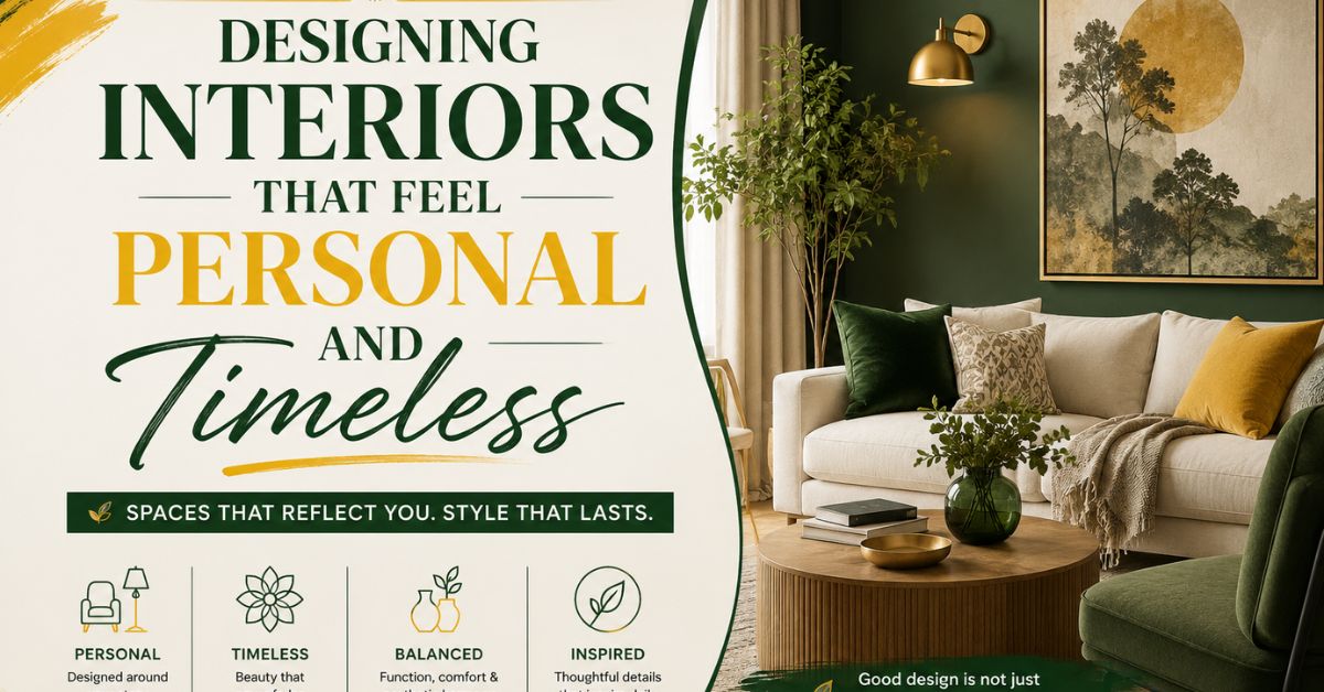 Designing Interiors That Feel Personal and Timeless featured image with elegant green and yellow typography alongside a modern living room featuring natural décor and sophisticated interior styling.