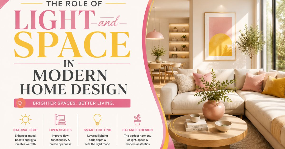 The Role of Light and Space in Modern Home Design featured image with elegant pink and yellow typography beside a bright contemporary living room filled with natural light and modern décor.