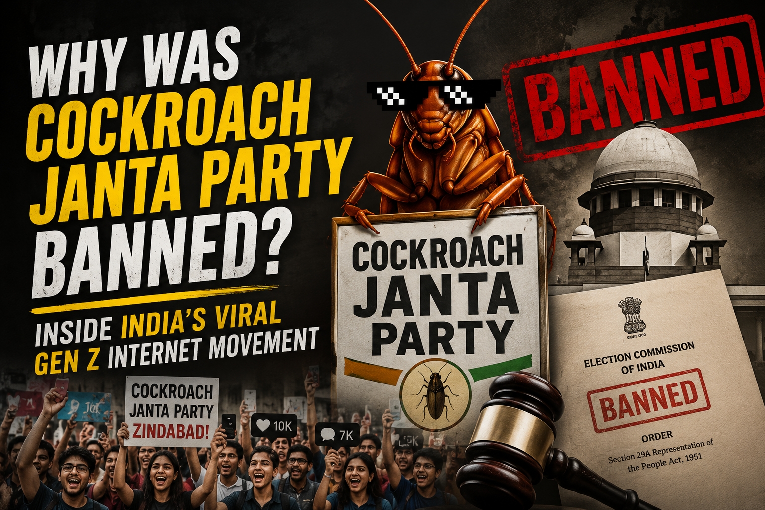 A dramatic featured image showing a giant cockroach mascot wearing pixel sunglasses beside a “Cockroach Janta Party” sign, with a red “BANNED” stamp, Indian court imagery, protest crowds, and bold text reading “Why Was Cockroach Janta Party Banned? Inside India’s Viral Gen Z Internet Movement.”