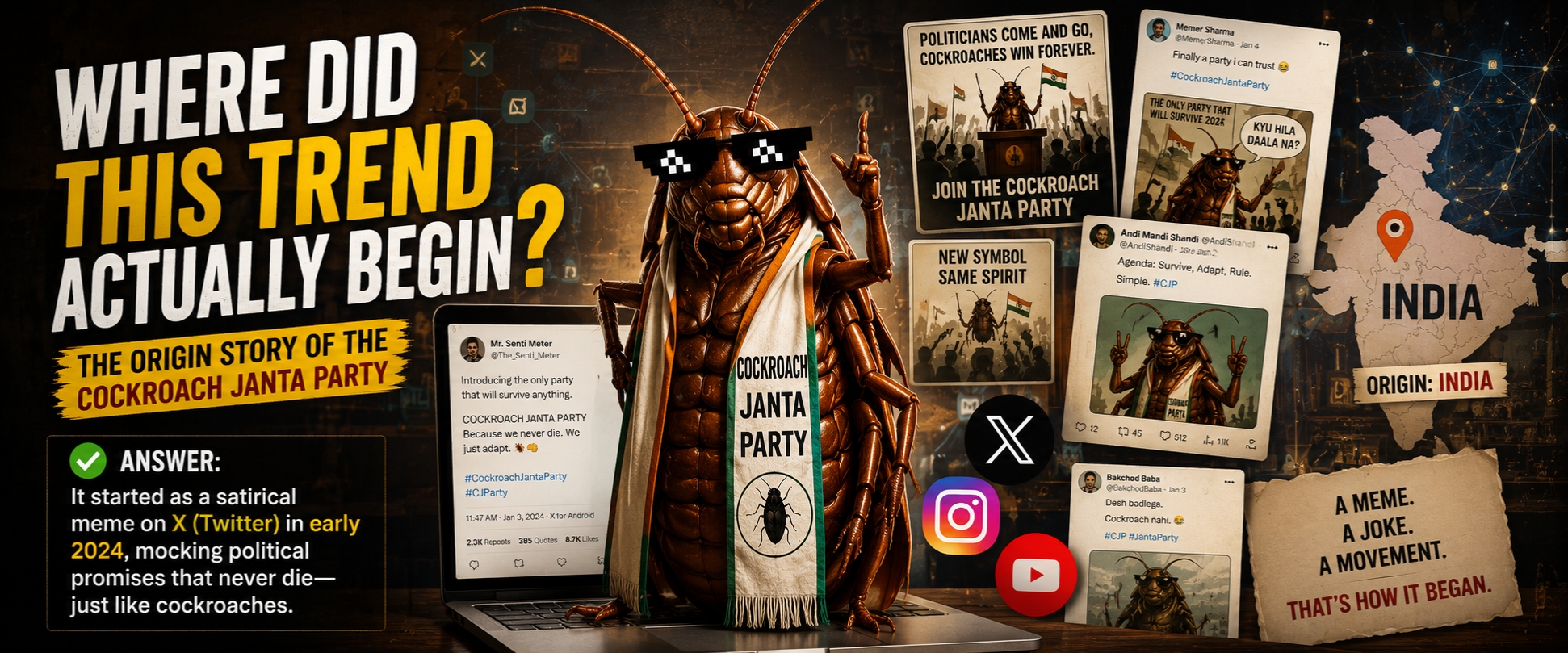 A cinematic widescreen featured image showing a cockroach mascot in sunglasses surrounded by viral social media posts, protest-style posters, X (Twitter), Instagram, and YouTube icons, with bold text asking “Where Did This Trend Actually Begin?” and highlighting the origin story of the Cockroach Janta Party movement in India.