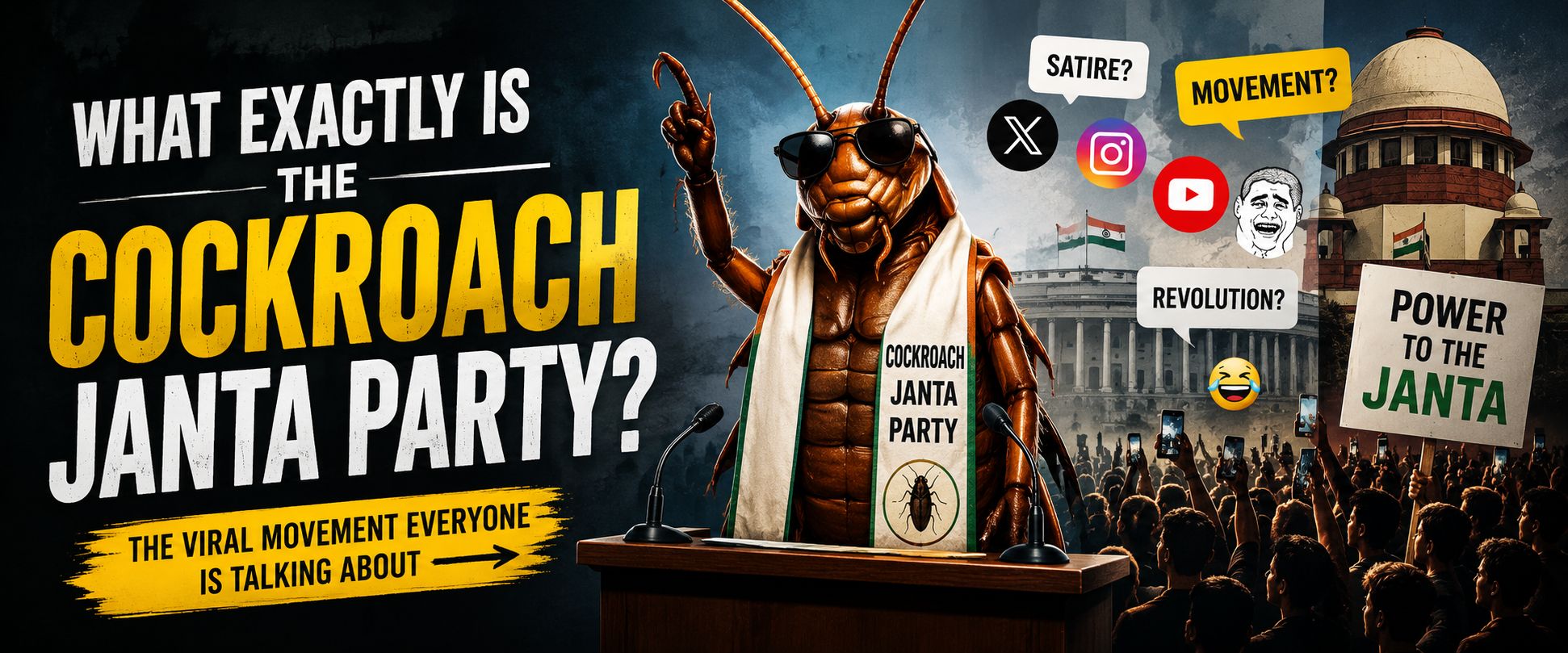 A dramatic widescreen featured image showing a giant cockroach mascot wearing sunglasses and speaking at a podium labeled “Cockroach Janta Party,” with protest crowds, Indian political buildings, social media icons, and bold text asking “What Exactly Is the Cockroach Janta Party?”