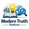 Modern Truth Platform icon with book, globe, magnifying glass, and glowing light bulb in blue and yellow theme
