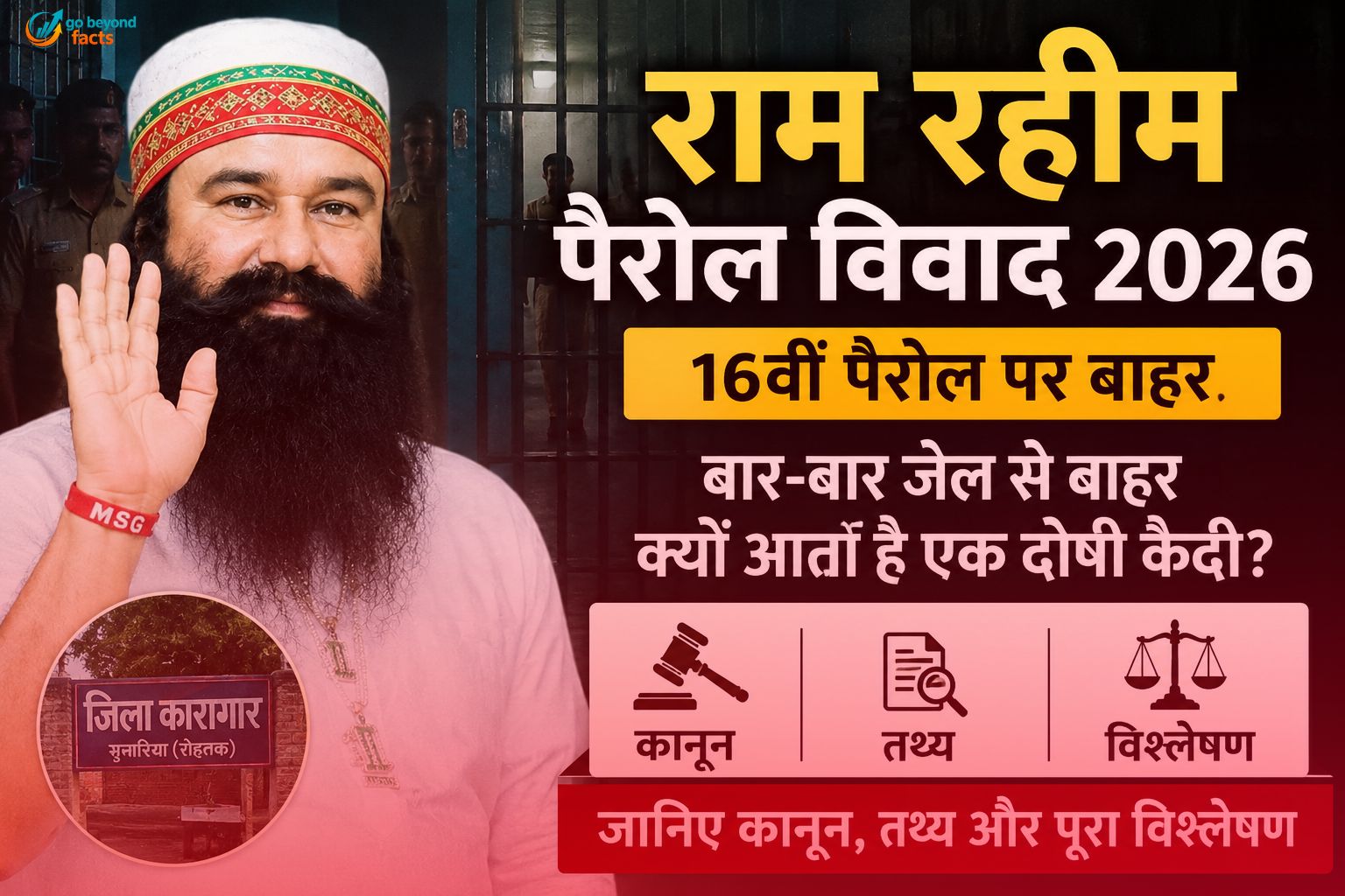 राम रहीम पैरोल विवाद 2026 पर आधारित एक न्यूज़-स्टाइल फीचर्ड इमेज, जिसमें गुरमीत राम रहीम की फोटो, जेल बैकग्राउंड, कानूनी प्रतीक और “16वीं पैरोल” से जुड़ा टेक्स्ट दिखाया गया है। इमेज कानून, पैरोल और सार्वजनिक बहस को visually represent करती है।