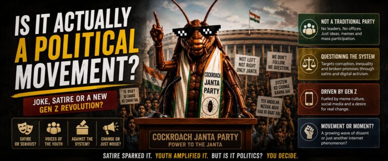 A cinematic widescreen image showing a cockroach mascot speaking at a political podium in front of a protest crowd and Indian Parliament, with bold text asking “Is It Actually a Political Movement?” alongside protest signs, satire references, and Gen Z activism themes.