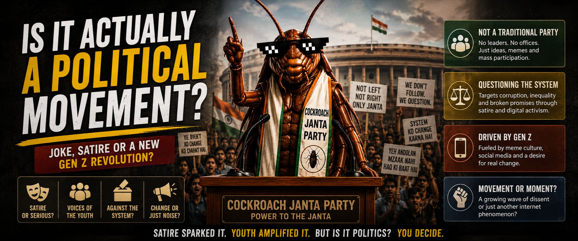 A cinematic widescreen image showing a cockroach mascot speaking at a political podium in front of a protest crowd and Indian Parliament, with bold text asking “Is It Actually a Political Movement?” alongside protest signs, satire references, and Gen Z activism themes.