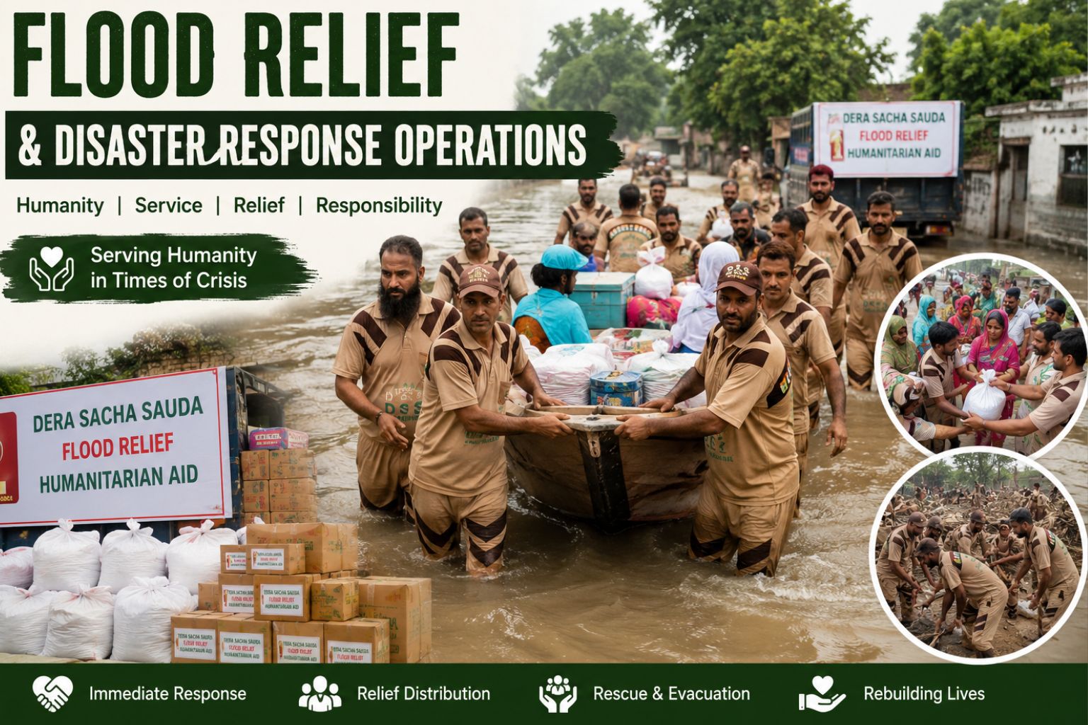Flood relief operations के दौरान पानी से भरे इलाके में राहत सामग्री पहुंचाते volunteers और rescue work करते लोग दिखाई दे रहे हैं।