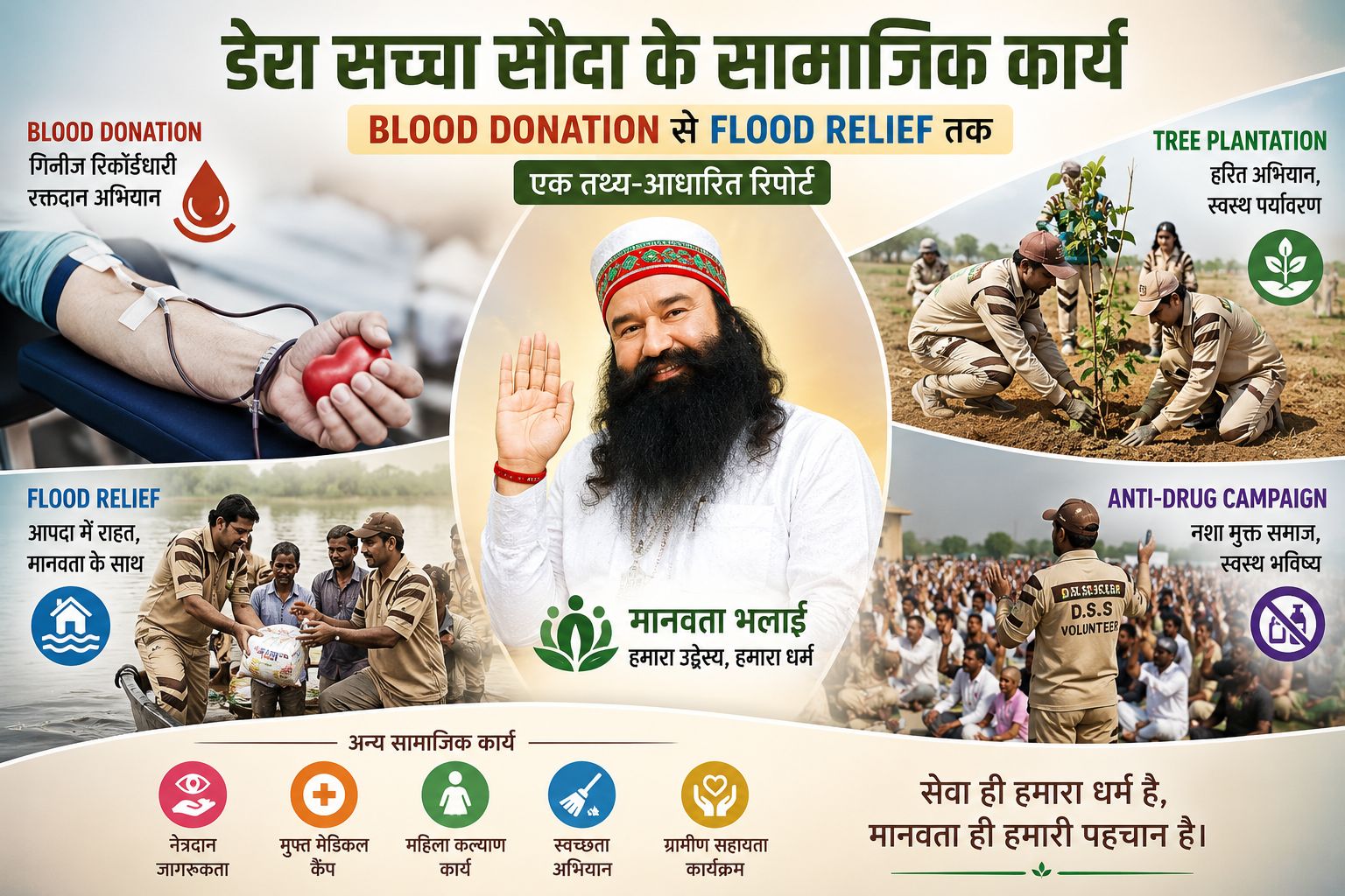 डेरा सच्चा सौदा के सामाजिक कार्यों को दर्शाती featured image, जिसमें blood donation, flood relief, tree plantation और anti-drug campaigns में सेवा करते volunteers दिखाई दे रहे हैं।