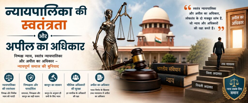 “न्यायपालिका की स्वतंत्रता और अपील का अधिकार” विषय पर आधारित एक प्रोफेशनल फीचर्ड इमेज, जिसमें सुप्रीम कोर्ट, न्याय की देवी (Lady Justice), न्याय का हथौड़ा, भारतीय संविधान और अपील प्रक्रिया को दर्शाने वाली सीढ़ियाँ दिखाई गई हैं। डिजाइन में न्याय, निष्पक्षता और कानूनी अधिकारों को modern infographic style में प्रस्तुत किया गया है।