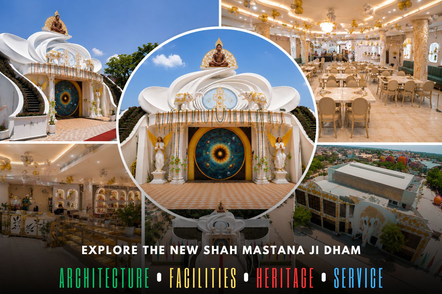 Collage showcasing the new Shah Mastana Ji Dham featuring its grand white lotus-inspired architecture, elegant entrance, luxurious dining hall, modern food court, and aerial view of the spiritual complex.