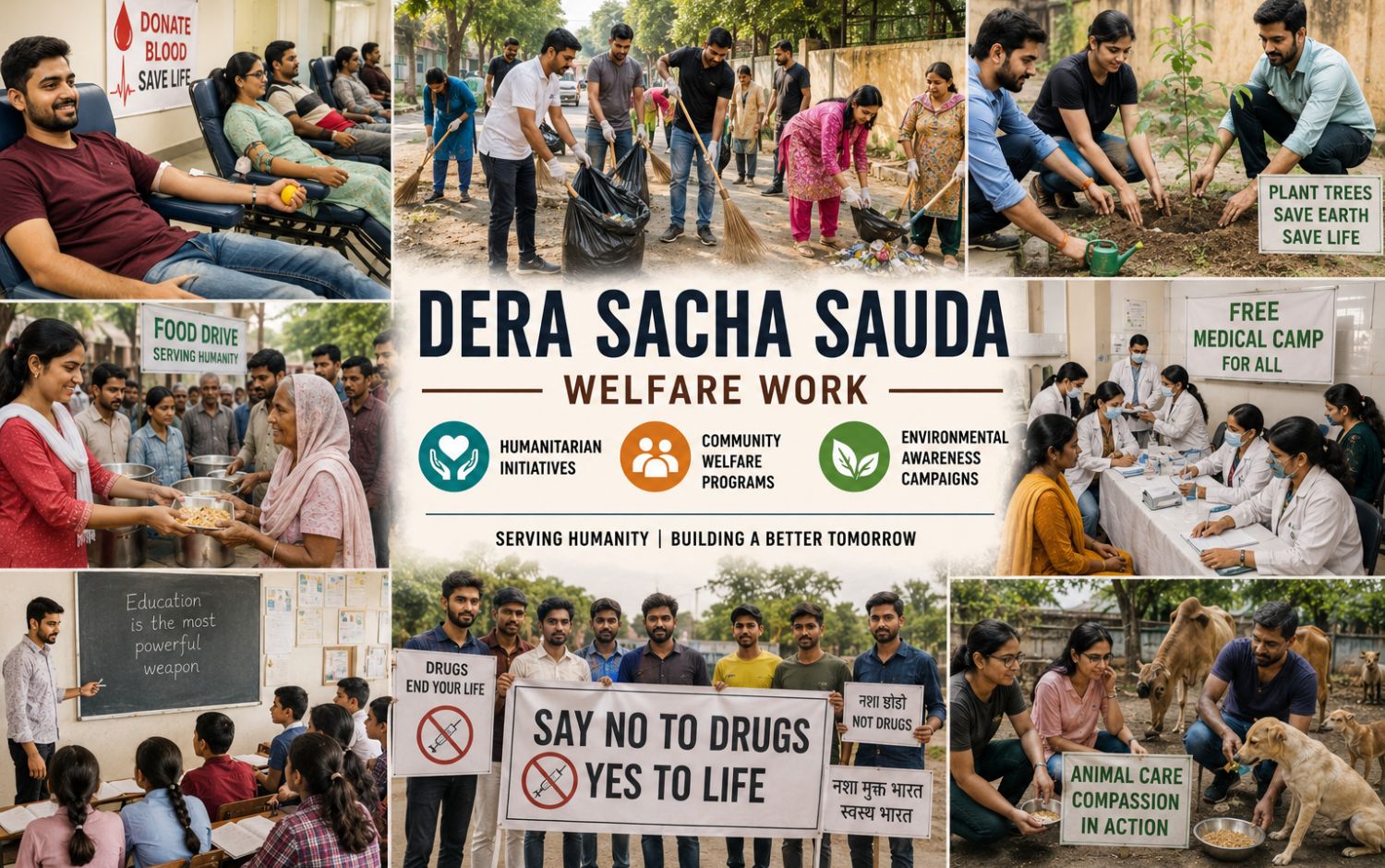 Collage-style featured image highlighting humanitarian initiatives, community welfare programs, environmental awareness campaigns, blood donation drives, free medical camps, food distribution, education support, anti-drug awareness activities, tree plantation, cleanliness drives, and animal care performed by volunteers in everyday clothing.
