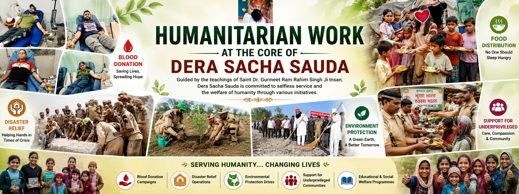 Collage showcasing Dera Sacha Sauda's humanitarian work, including blood donation, disaster relief, environmental protection, food distribution, education support, and community welfare initiatives.