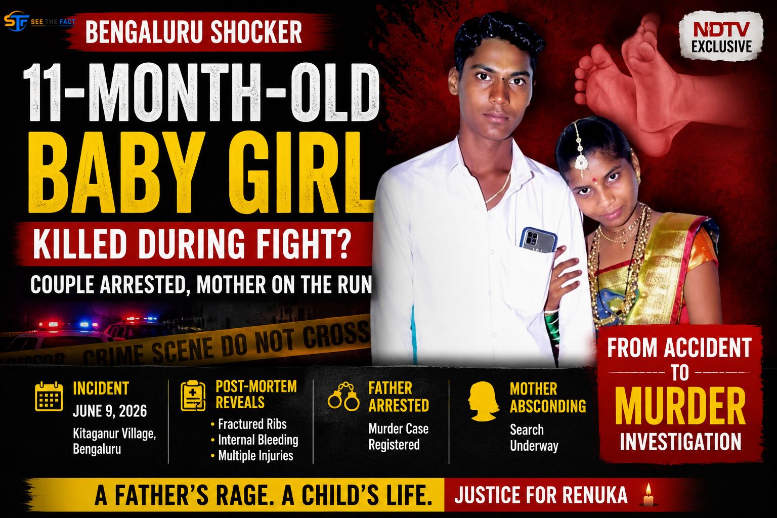 Breaking news featured image showing a Bengaluru couple in connection with the death of an 11-month-old baby girl, highlighting the father's arrest and the ongoing murder investigation.