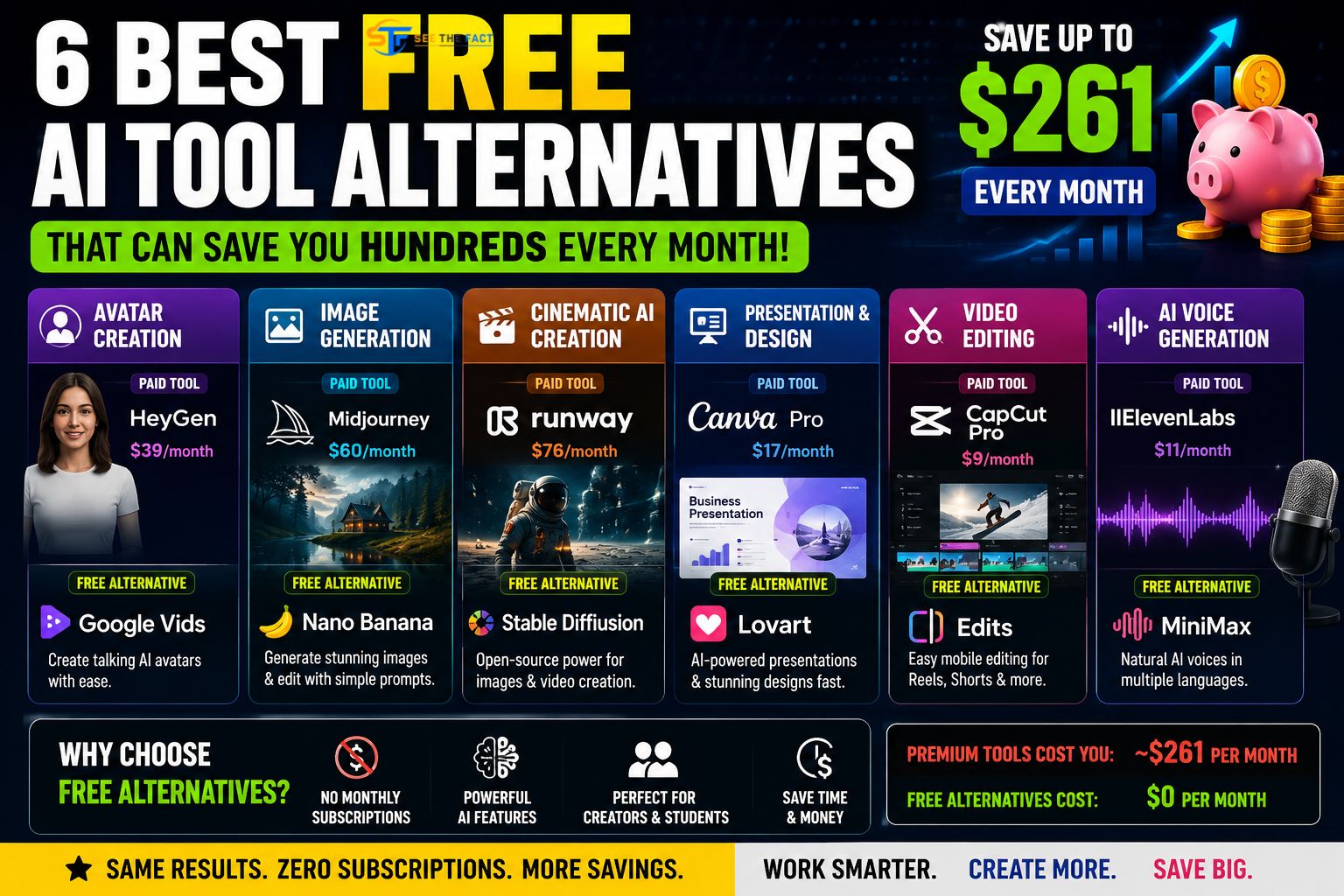Infographic comparing six free AI tool alternatives to paid AI software, featuring Google Vids, Nano Banana, Stable Diffusion, Lovart, Edits, and MiniMax with monthly cost savings.