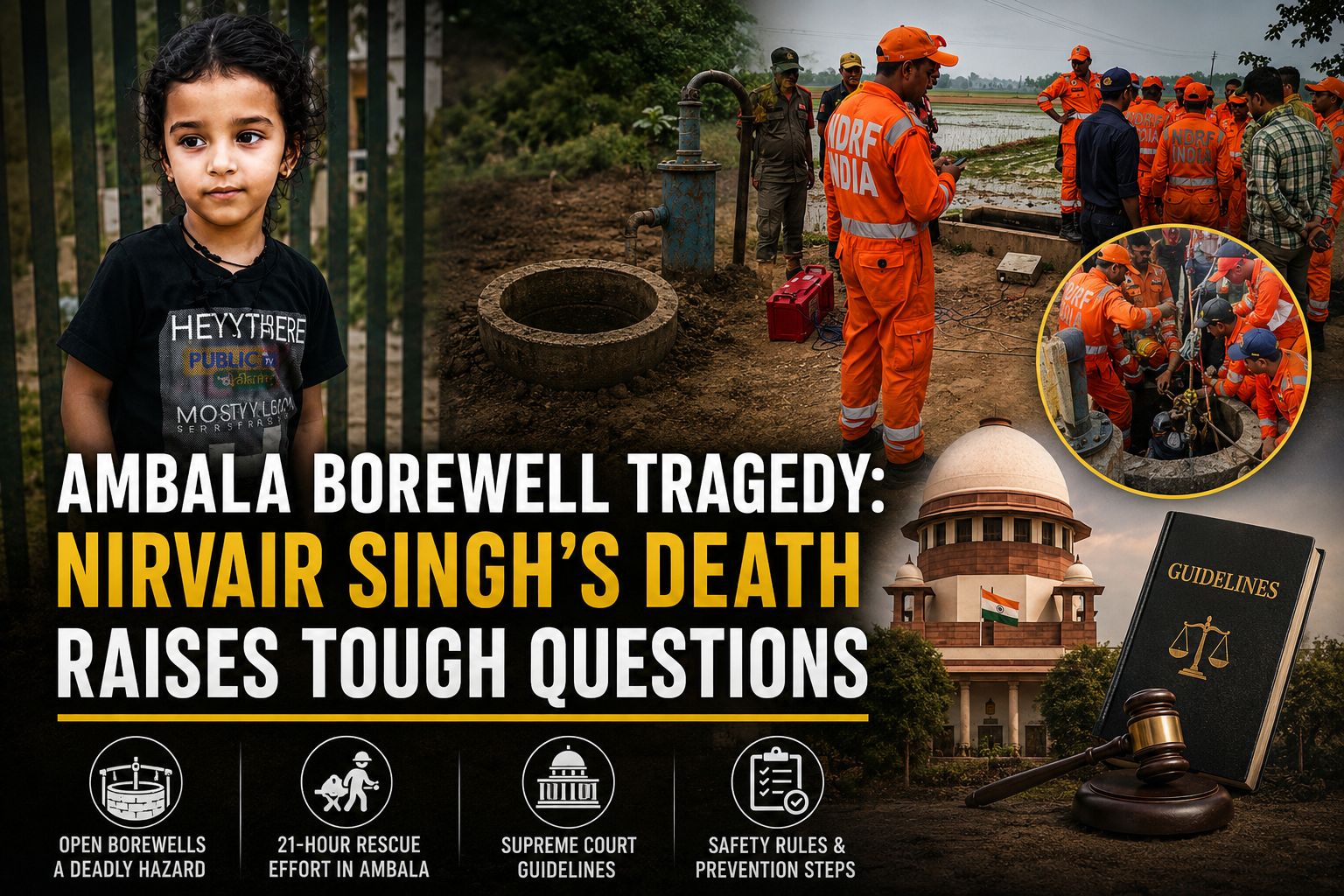 Featured image showing Nirvair Singh, the Ambala borewell rescue operation, the Supreme Court, and borewell safety guidelines highlighting India's ongoing concern over abandoned borewells.