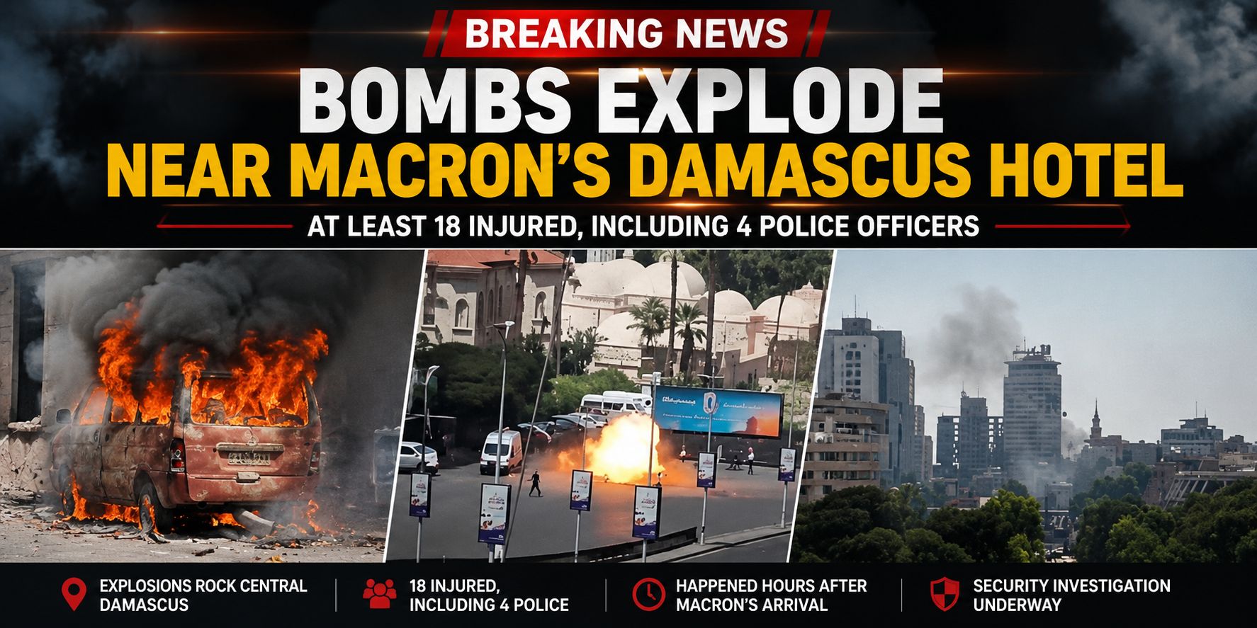 Breaking news featured image showing explosions near a hotel in central Damascus during French President Emmanuel Macron's visit, with smoke, burning vehicles, and emergency response visuals.