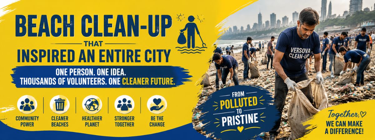 Volunteers cleaning Versova Beach in Mumbai during a community-led beach clean-up campaign, removing plastic waste to restore the shoreline and protect the environment.