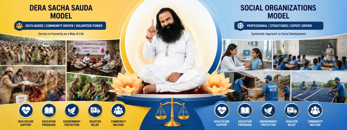 Comparison banner showing the Dera Sacha Sauda community service model alongside professional social organizations, with a central spiritual leader image and visual highlights of healthcare, education, environmental protection, disaster relief, and community welfare.