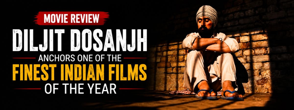 Featured image for the Satluj movie review showing Diljit Dosanjh seated against a brick wall with dramatic lighting and the headline highlighting one of the finest Indian films of the year.