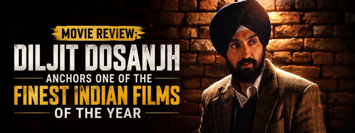 Movie review featured image of Satluj starring Diljit Dosanjh, with a cinematic portrait and bold headline highlighting it as one of the finest Indian films of the year.