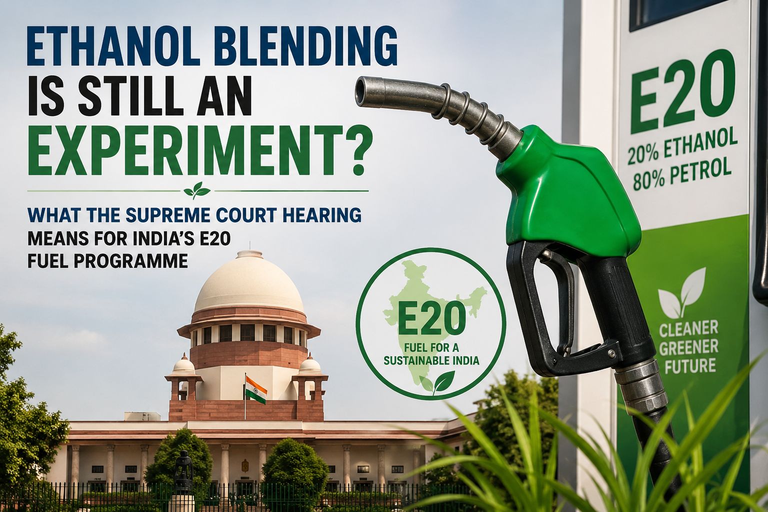 Featured image showing the Supreme Court of India, an E20 fuel pump, and a petrol nozzle representing the debate over India's ethanol blending and E20 fuel programme.