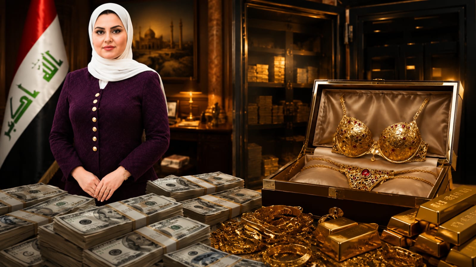 Iraq corruption raid illustration with cash and gold.