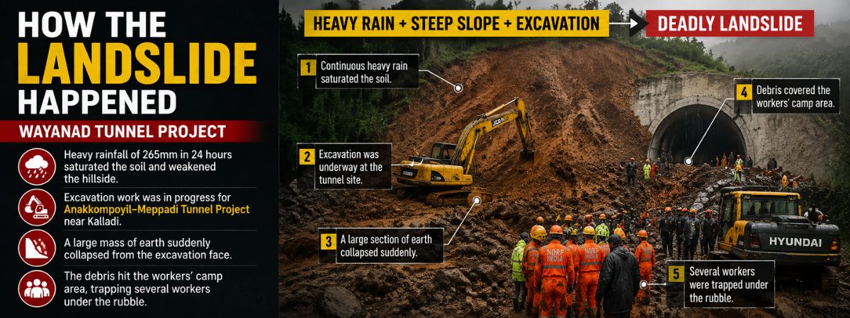 Infographic explaining how the Wayanad Tunnel Project landslide happened, showing heavy rainfall, excavation work, slope collapse, trapped workers, and NDRF rescue teams at the tunnel site.