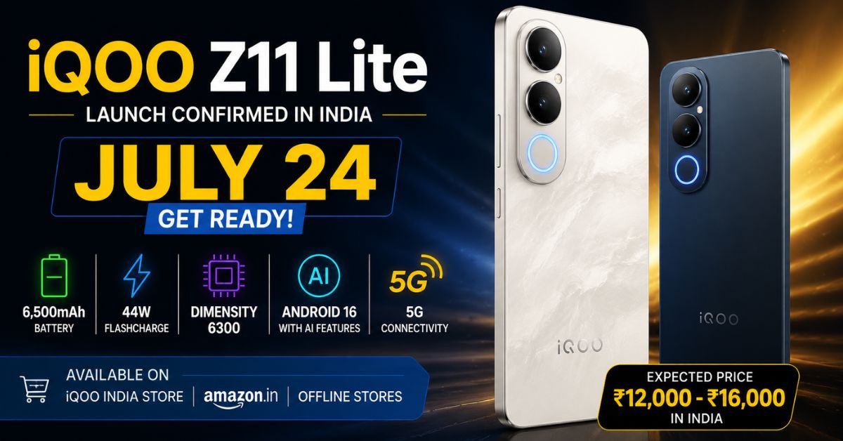 iQOO Z11 Lite launch confirmed in India for July 24, featuring the smartphone in Solar Flame and Midnight Blue colours with highlights including a 6,500mAh battery, 44W FlashCharge, Dimensity 6300 chipset, Android 16, and 5G connectivity.