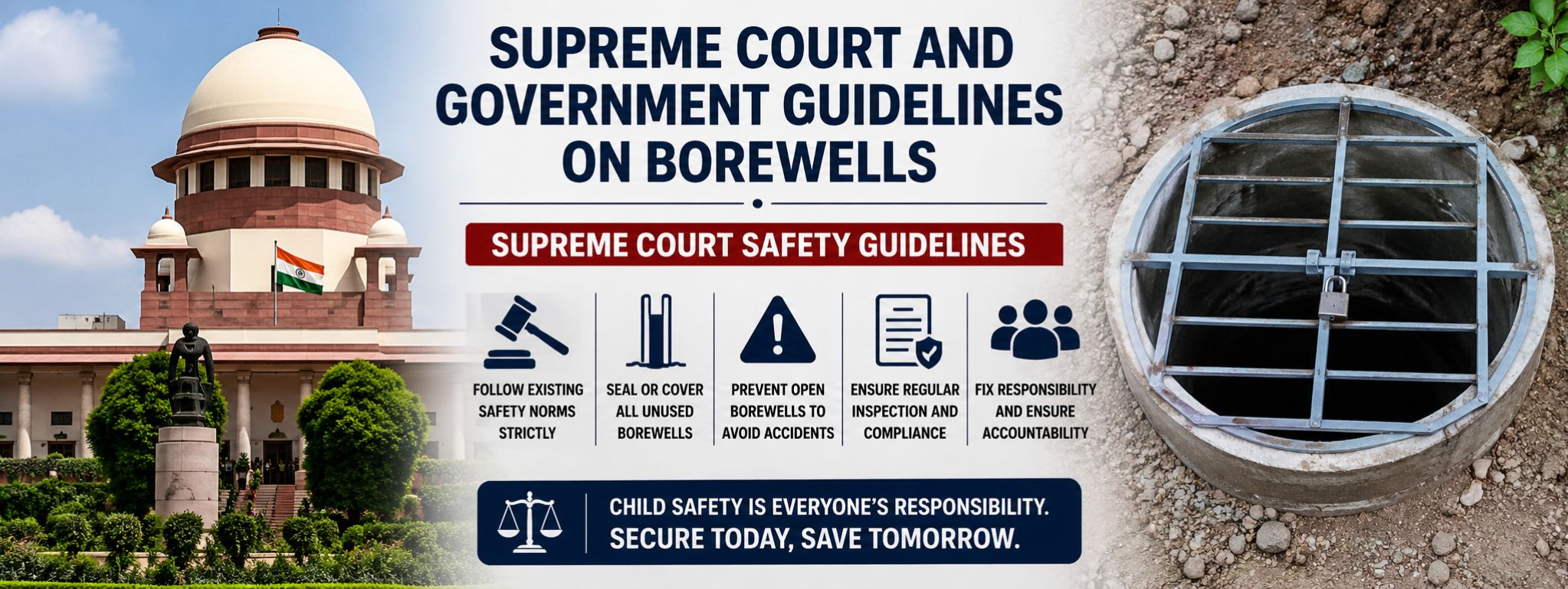 Featured image illustrating the Supreme Court's borewell safety guidelines with the Supreme Court building, a secured borewell, and key government safety measures.