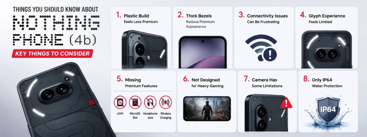 Things You Should Know About Nothing Phone (4b) showing build quality, gaming limits, camera issues, connectivity problems, and IP64 protection