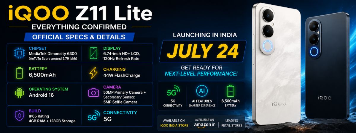 iQOO Z11 Lite official specs infographic showing the July 24 India launch date, MediaTek Dimensity 6300 chipset, 6,500mAh battery, 44W FlashCharge, Android 16, 50MP camera, IP65 rating, and 5G connectivity.
