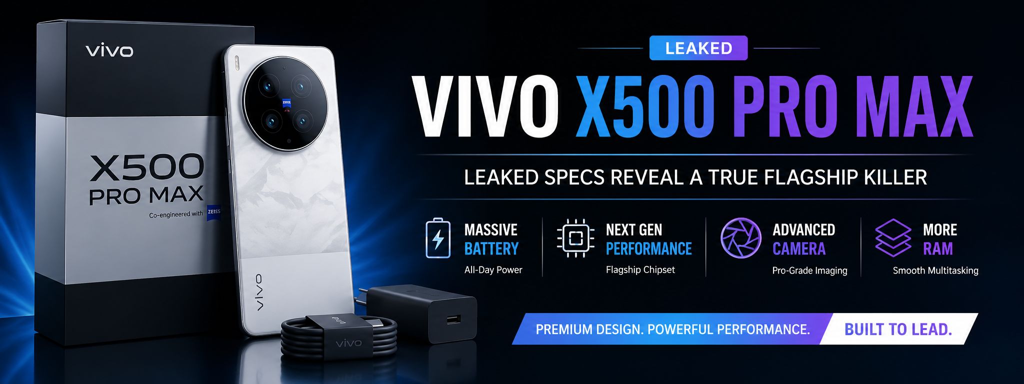 Vivo X500 Pro Max featured image highlighting leaked flagship smartphone with premium design, advanced camera system, massive battery, and next-generation performance.