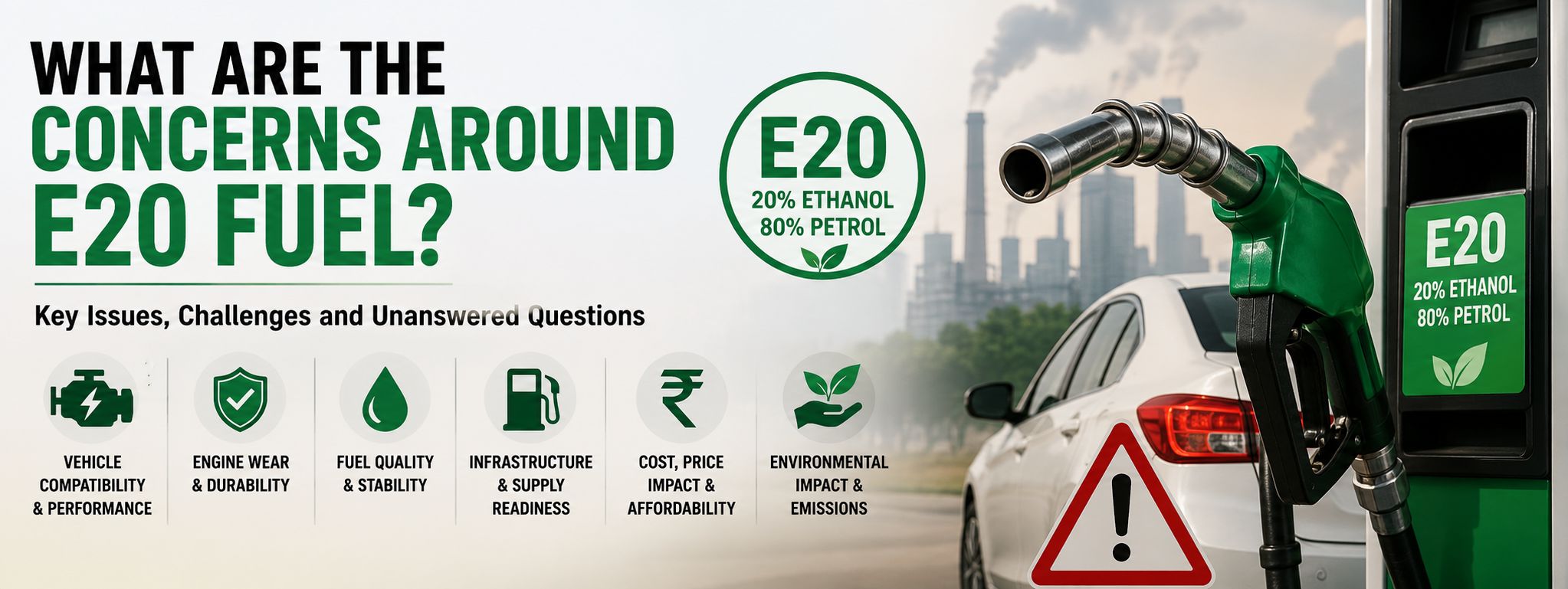 Featured image illustrating the key concerns around E20 fuel, including vehicle compatibility, engine performance, fuel quality, cost, and environmental impact.