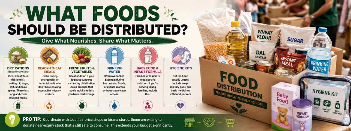 Essential food items for a food distribution drive, including rice, wheat flour, lentils, cooking oil, drinking water, fresh produce, baby food, and hygiene kits.
