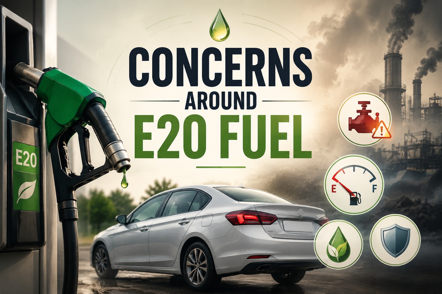 Infographic showing concerns around E20 fuel including engine compatibility, emissions, fuel efficiency and environmental impacts.