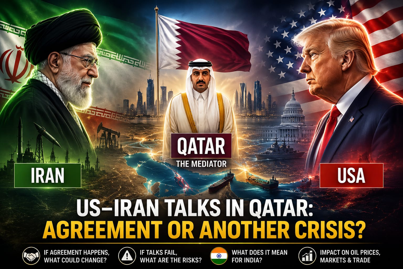 US-Iran talks in Qatar featured image showing Iran and the United States facing each other with Qatar acting as mediator amid discussions over a possible agreement and regional crisis.