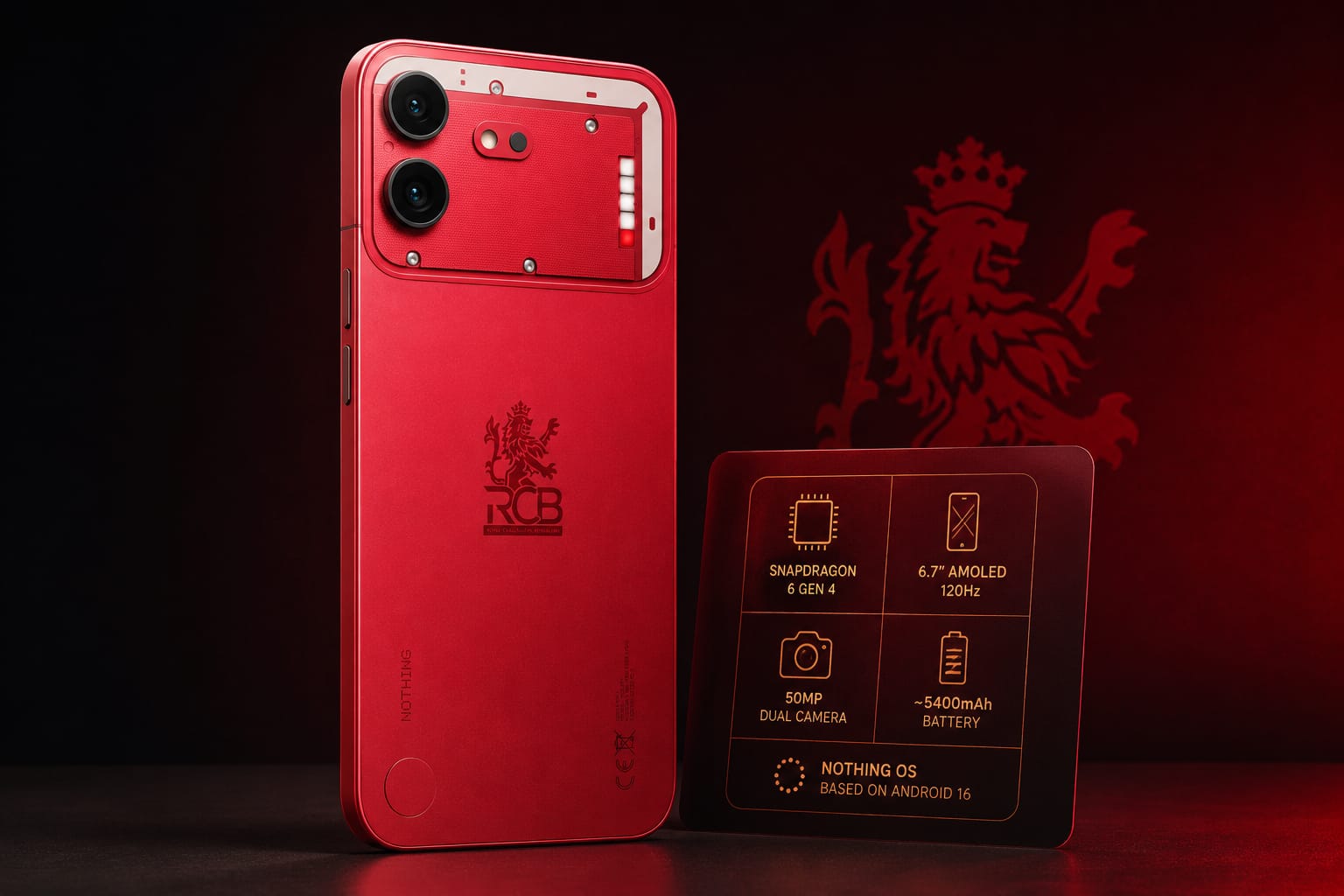 Nothing Phone (4b) RCB Edition in matte red finish with expected specifications including Snapdragon 6 Gen 4, 50MP camera, and 5400mAh battery.