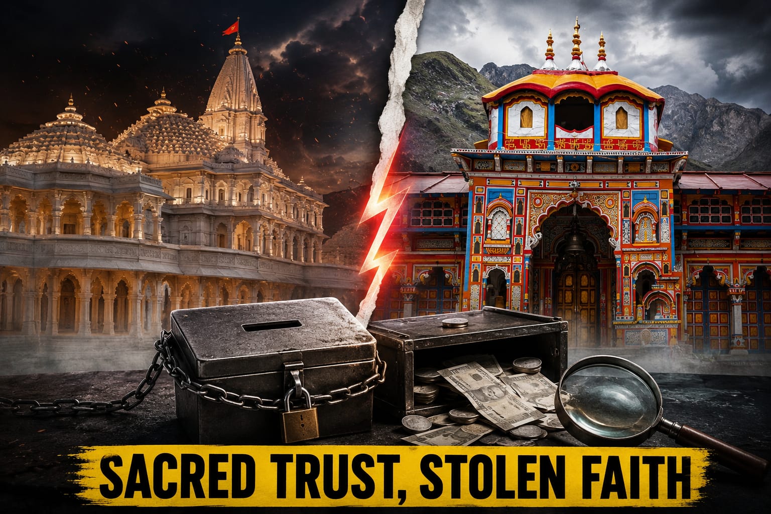 Featured image showing Badrinath Dham and Ram Mandir with donation boxes symbolising alleged temple donation theft investigations.