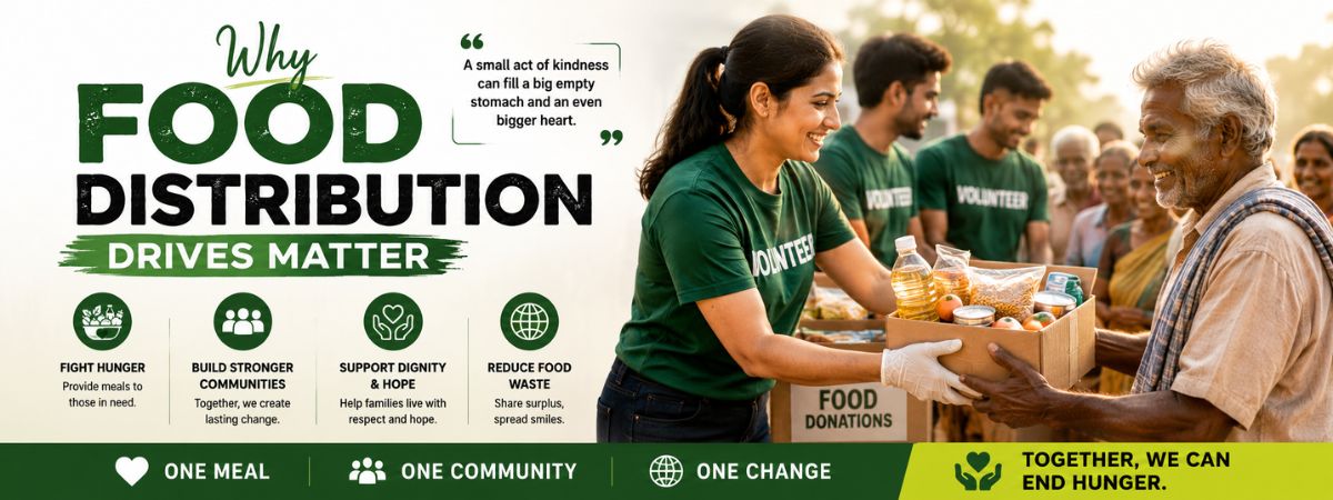 Volunteers distribute food donation boxes to families in need, illustrating why food distribution drives help fight hunger and strengthen communities.