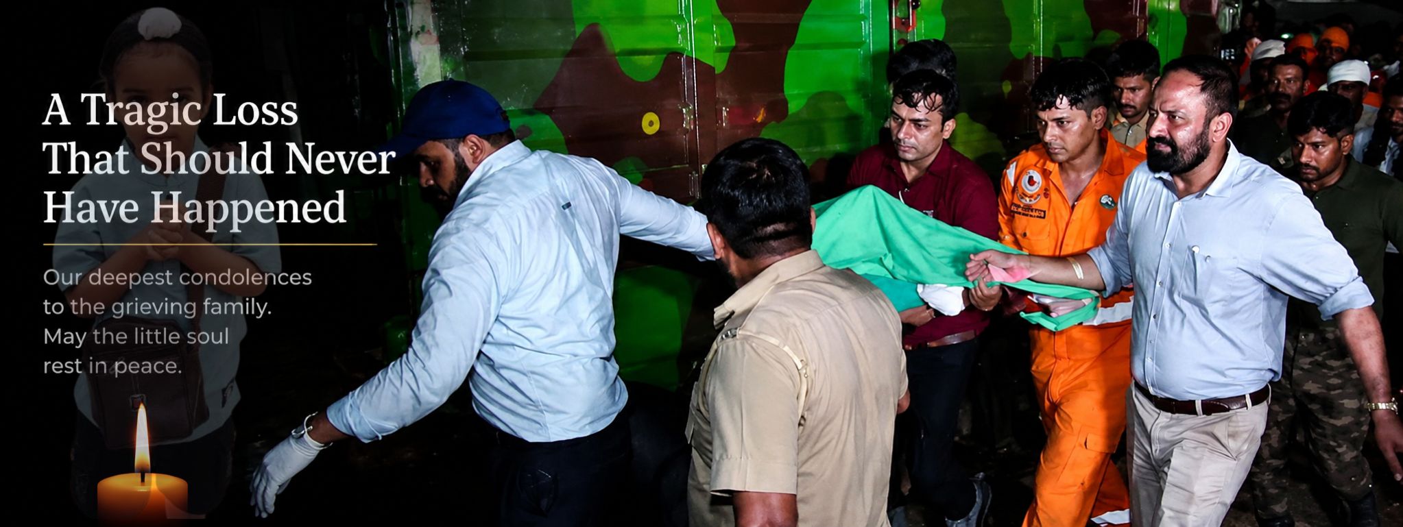 Featured image showing the Ambala borewell rescue team carrying a covered stretcher, symbolizing the tragic loss of four-year-old Nirvair Singh after a 21-hour rescue operation.