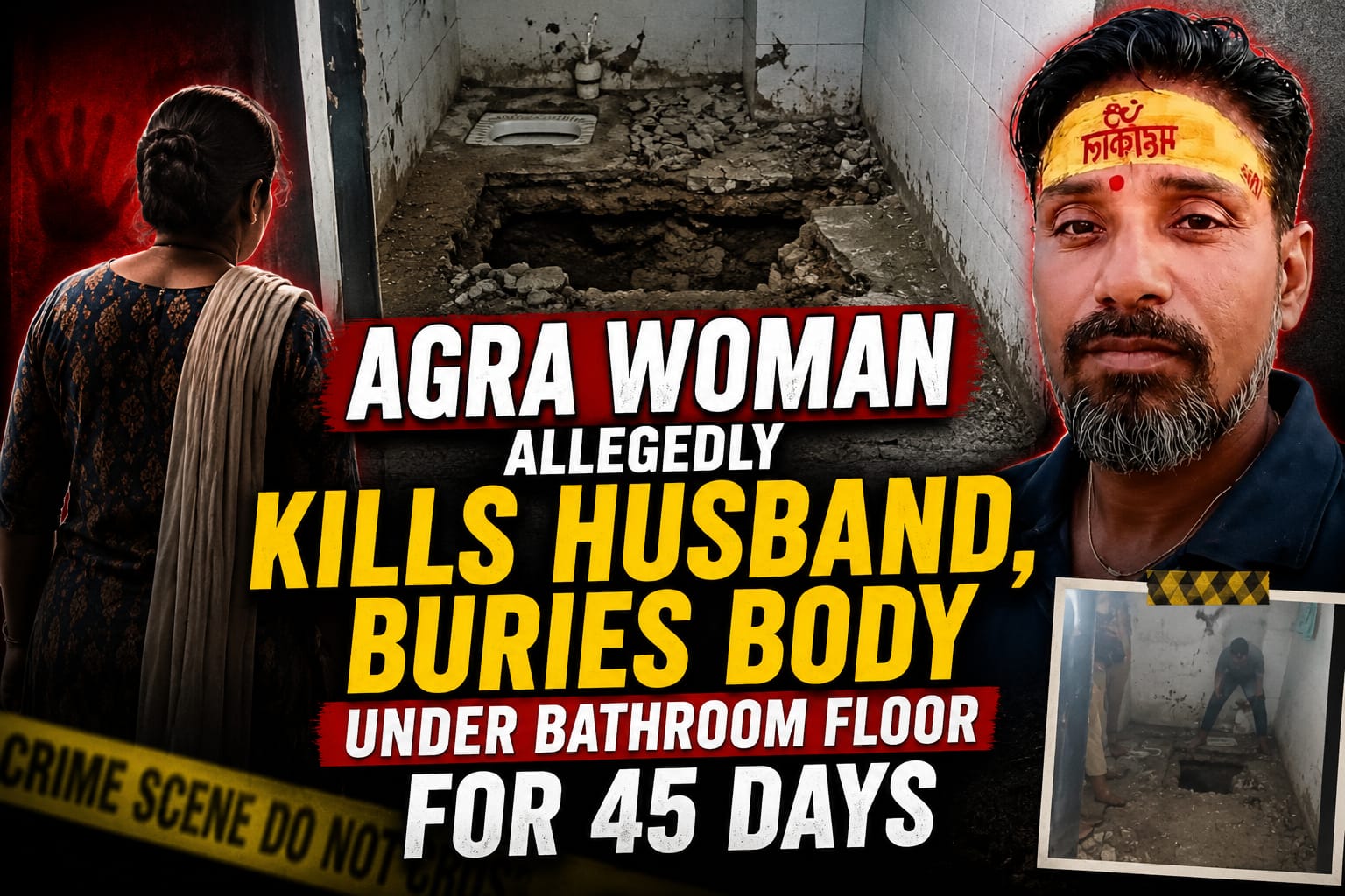 Illustration depicting the Agra murder case where a woman allegedly killed her husband and buried his body beneath a bathroom floor for 45 days.